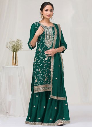 Green Vichitra Silk Salwar Suit with Embroidered and Zari Work