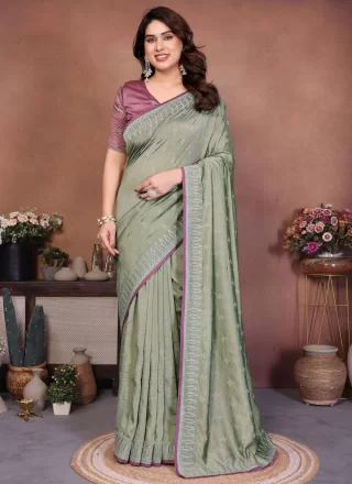 Green Vichitra Silk Traditional Saree with Embroidered Work