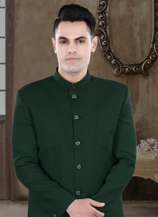 Green Viscose Buttons and Plain Work Jodhpuri Suit