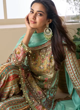 Green Viscose Palazzo Salwar Suit with Embroidered, Gota and Hand Work
