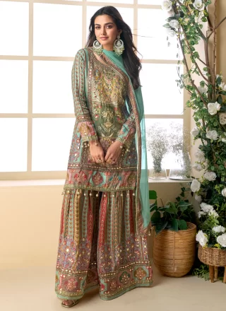 Green Viscose Palazzo Salwar Suit with Embroidered, Gota and Hand Work