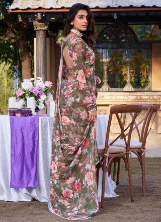 Green Weight Less Floral Patch and Pearls Work Contemporary Sari for Casual