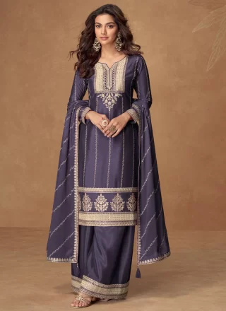 Grey and Blue Chinon Embroidered Work Salwar Suit for Ceremonial