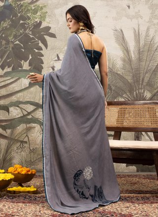 Grey and Blue Pure Crepe Trendy Saree