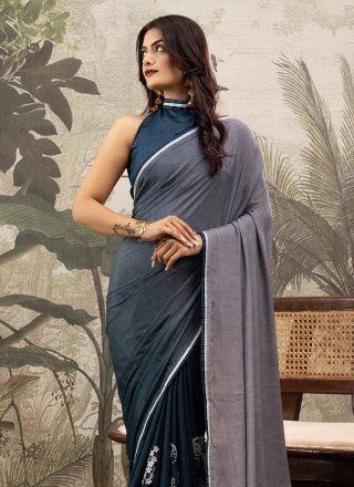 Grey and Blue Pure Crepe Trendy Saree