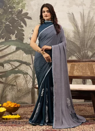 Grey and Blue Pure Crepe Trendy Saree