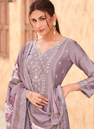 Grey and Lavender Cotton Salwar Suit with Embroidered Work