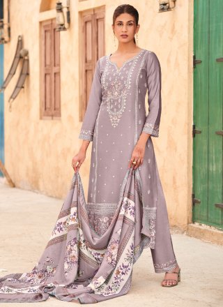 Grey and Lavender Cotton Salwar Suit with Embroidered Work