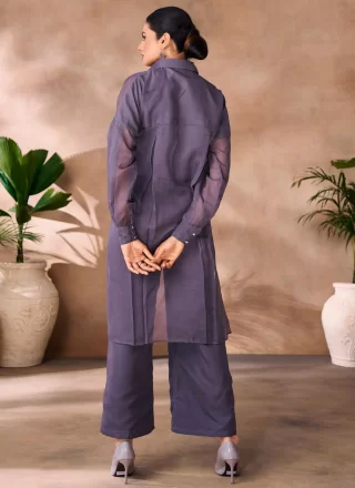 Grey and Lavender Organza Embroidered Work Designer Kurti for Ceremonial