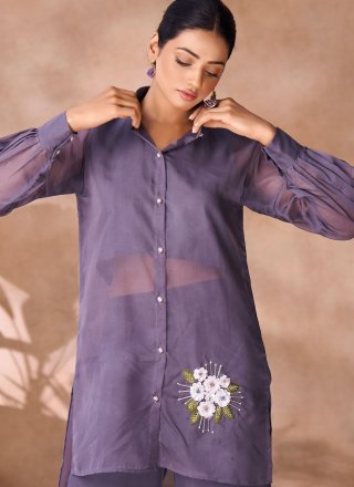 Grey and Lavender Organza Embroidered Work Designer Kurti for Ceremonial