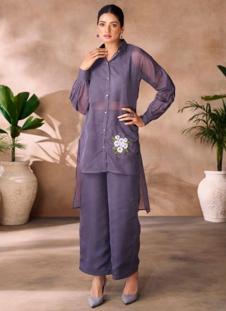Grey and Lavender Organza Embroidered Work Designer Kurti for Ceremonial