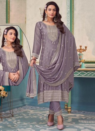Grey and Lavender Silk Embroidered and Zari Work Salwar Suit for Ceremonial