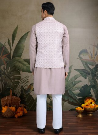Grey and Lavender Silk Kurta Payjama with Jacket with Jacquard, Mirror, Thread and Weaving Work