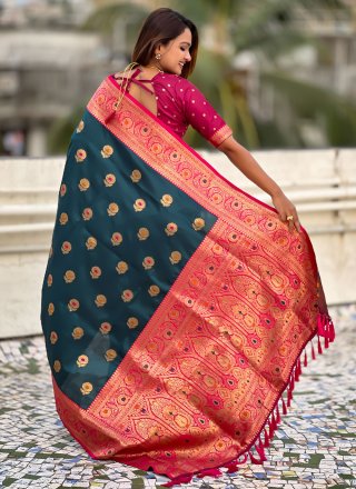 Grey and Morpeach Silk Designer Saree with Woven Work