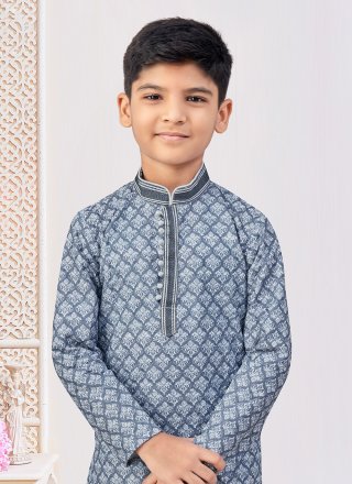 Grey and Off White Rayon Kurta Pyjama with Digital Print and Embroidered Work for Kid