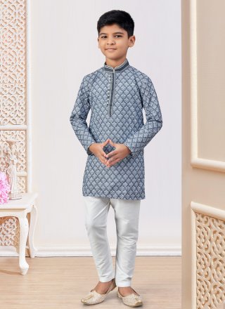 Grey and Off White Rayon Kurta Pyjama with Digital Print and Embroidered Work for Kid