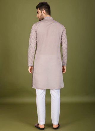 Grey and Peach Silk Sequins and Thread Work Kurta Mens Wear for Ceremonial