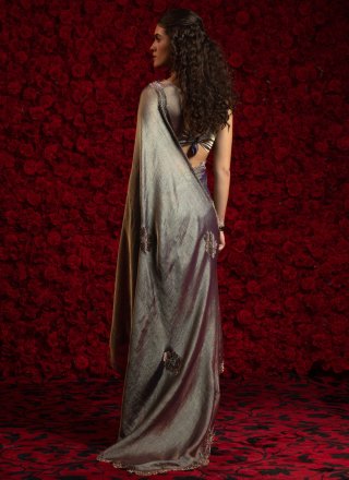 Grey and Purple Chiffon Satin Trendy Saree with Cut and Zircon Work