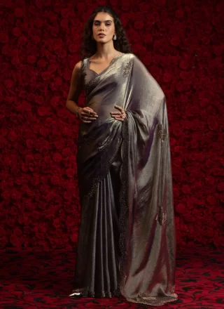 Grey and Purple Chiffon Satin Trendy Saree with Cut and Zircon Work