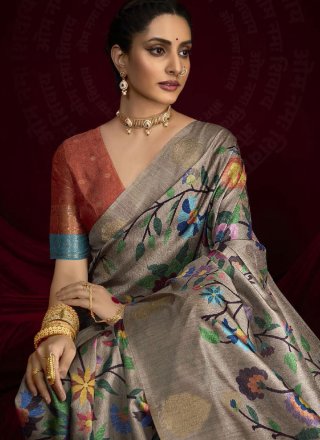 Grey and Rust Silk Woven and Zari Work Traditional Saree