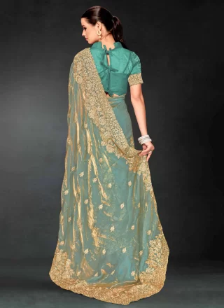 Grey and Teal Fandy Cut, Embroidered and Zari Work Traditional Saree