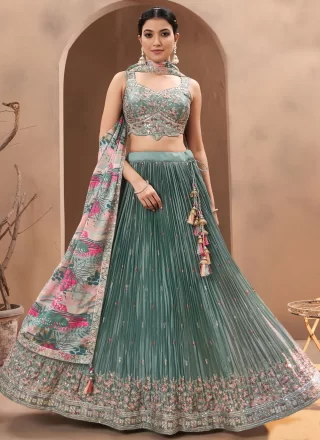 Grey and Teal Silk Embroidered, Sequins and Zari Work Readymade Lehenga Choli