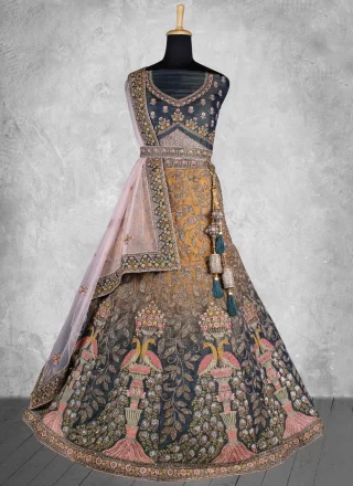 Grey and Teal Velvet Embroidered, Resham, Zardosi and Zari Work Lehenga Choli for Engagement