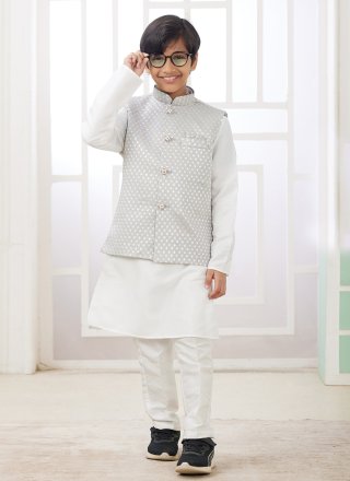 Grey and White Art Silk Machine Embroidery Work Kurta Payjama with Jacket for Ceremonial