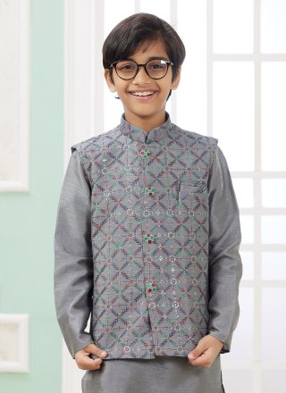 Grey Art Silk Machine Embroidery Work Kurta Payjama with Jacket