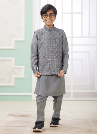 Grey Art Silk Machine Embroidery Work Kurta Payjama with Jacket
