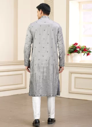 Grey Art Silk Machine Embroidery Work Kurta Pyjama