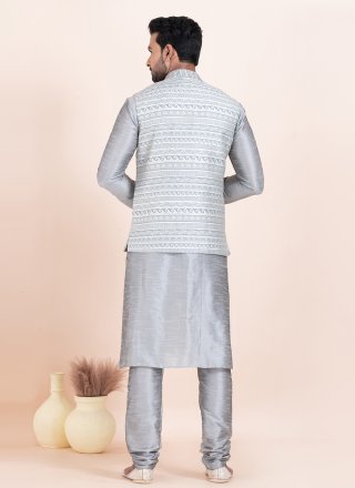 Grey Banarasi Silk Jacquard Work Kurta Payjama with Jacket for Ceremonial