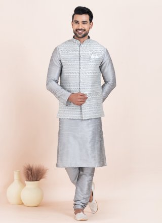 Grey Banarasi Silk Jacquard Work Kurta Payjama with Jacket for Ceremonial
