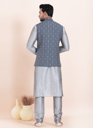 Grey Banarasi Silk Kurta Payjama with Jacket with Jacquard Work for Men