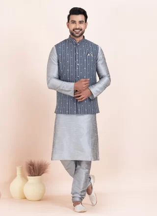Grey Banarasi Silk Kurta Payjama with Jacket with Jacquard Work for Men