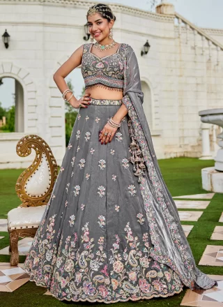 Grey Beads, Embroidered, Sequins, Thread and Zari Work Tissue Readymade Lehenga Choli
