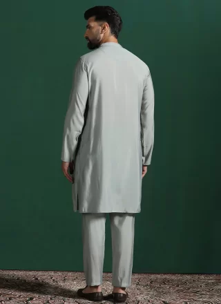 Grey Blended Cotton Kurta Pyjama In Plain