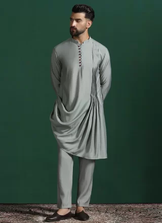 Grey Blended Cotton Kurta Pyjama In Plain