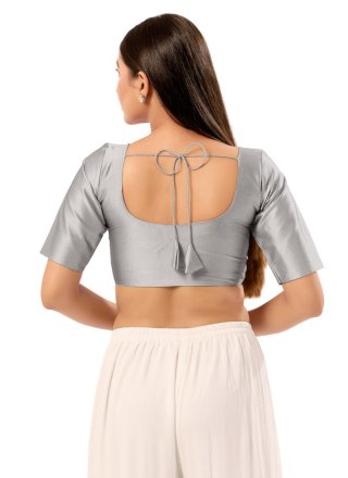 Grey Brocade Plain Work Designer Blouse