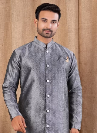 Grey Buttons Work Jacquard Indo Western