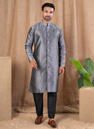 Grey Buttons Work Jacquard Indo Western