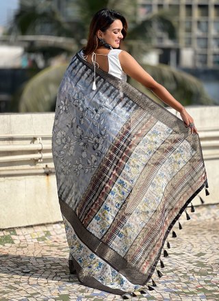 Grey Chanderi Print and Woven Work Classic Saree