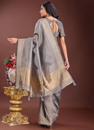 Grey Checks and Jacquard Work Organza Contemporary Sari