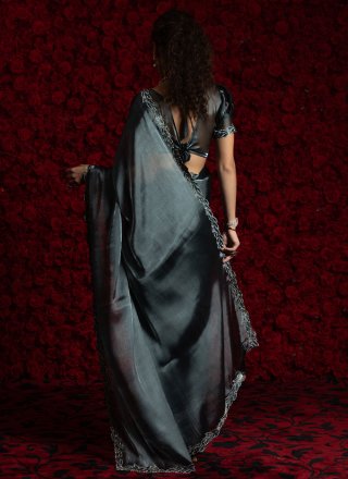 Grey Chiffon Hand and Zircon Work Traditional Saree