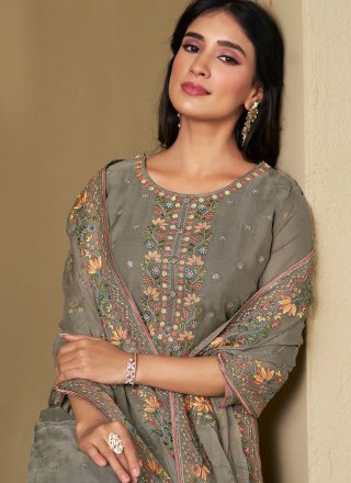 Grey Chiffon Salwar Suit with Cut Dana and Embroidered Work