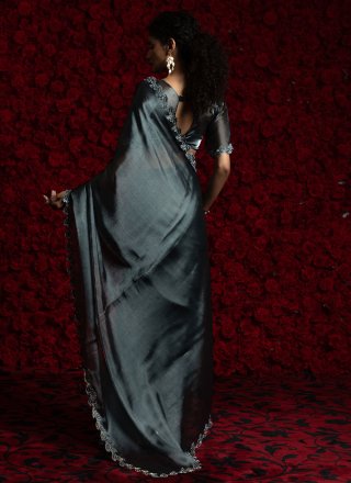 Grey Chiffon Traditional Saree with Hand and Zircon Work