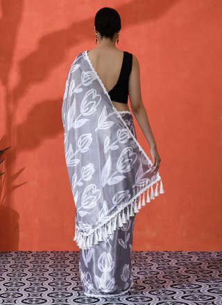 Grey Chinon Digital Print Work Trendy Saree