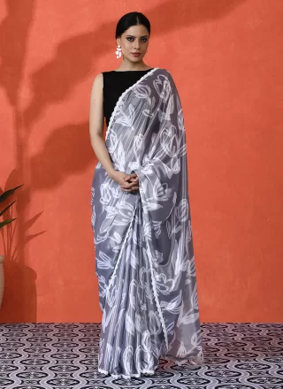 Grey Chinon Digital Print Work Trendy Saree