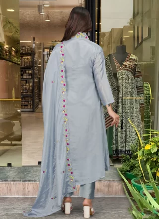 Grey Chinon Embroidered Work Salwar Suit