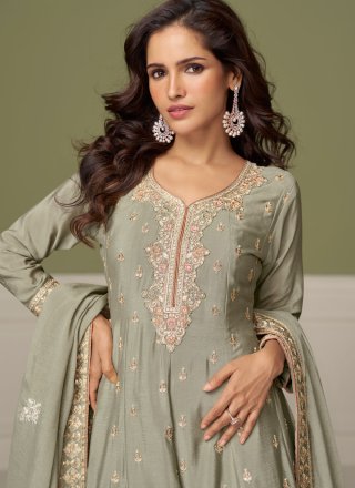 Grey Chinon Salwar Suit with Embroidered and Zari Work